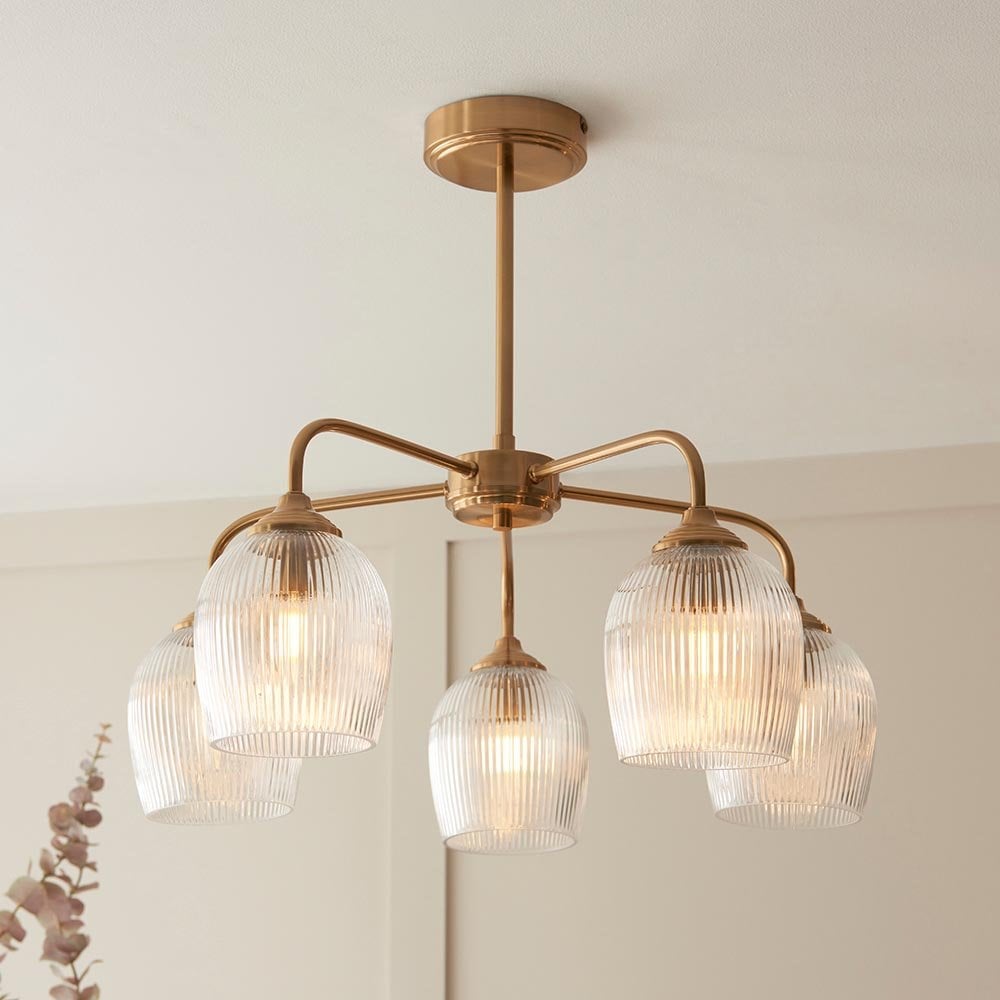 Ashcroft 5 Light Brass Semi Flush Fitting with Ribbed Glass Shades