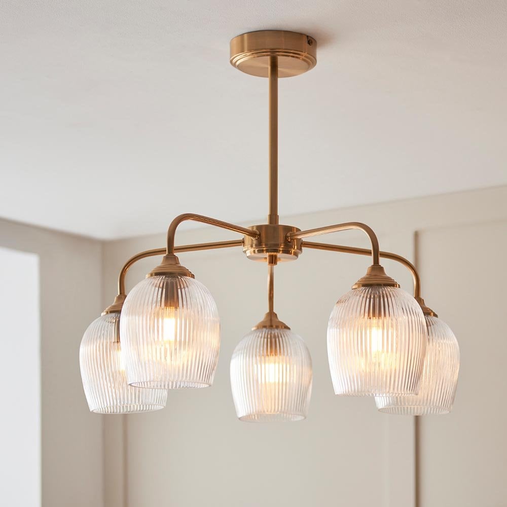 Ashcroft 5 Light Brass Semi Flush Fitting with Ribbed Glass Shades