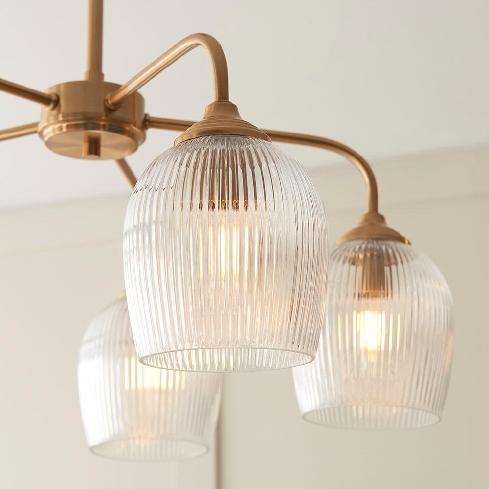 Ashcroft 5 Light Brass Semi Flush Fitting with Ribbed Glass Shades