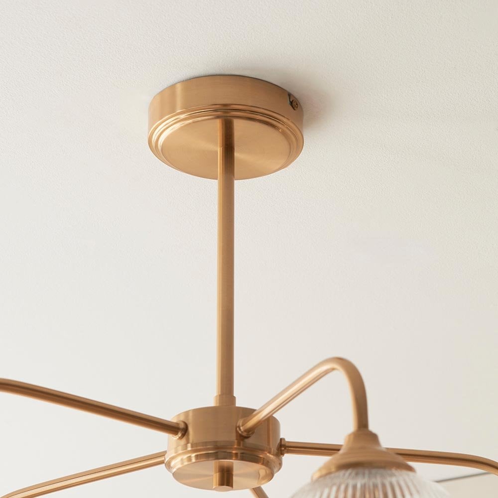 Ashcroft 5 Light Brass Semi Flush Fitting with Ribbed Glass Shades