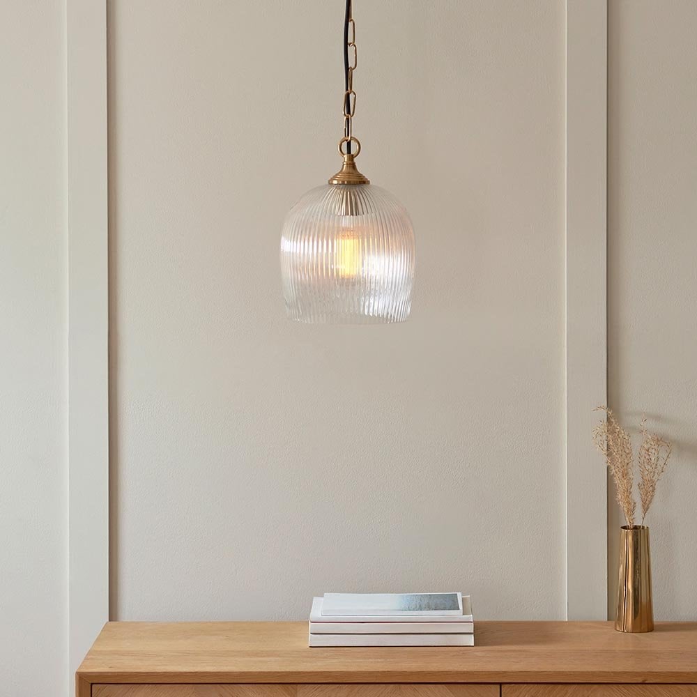 Ashcroft Single Brass Pendant with Ribbed Glass Shade