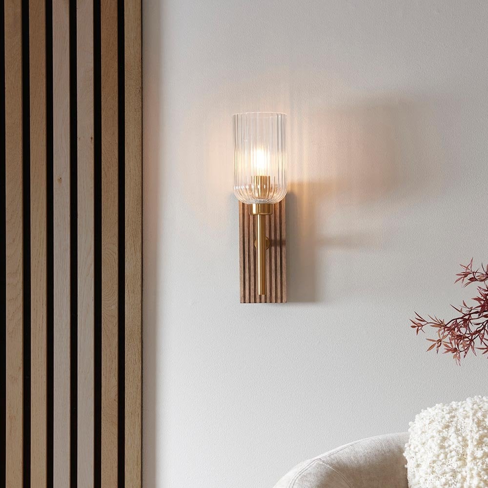 Grove Walnut Wooden Wall Light with Ribbed Glass