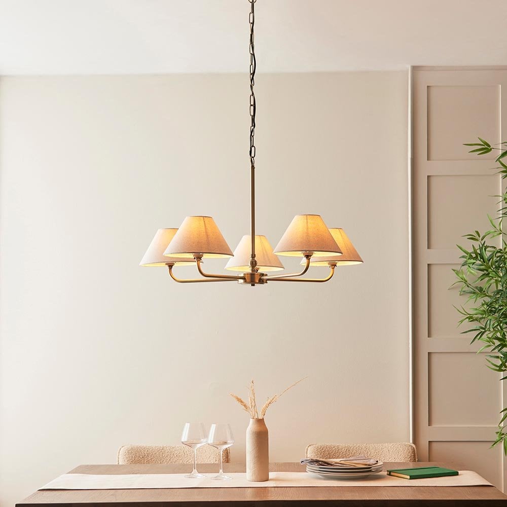 Lille 5 Light Antique Brass Pendant C/W Shades