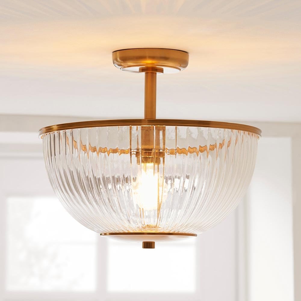 Somerset Upturned Flush Fitting in Brass with Ribbed Glass