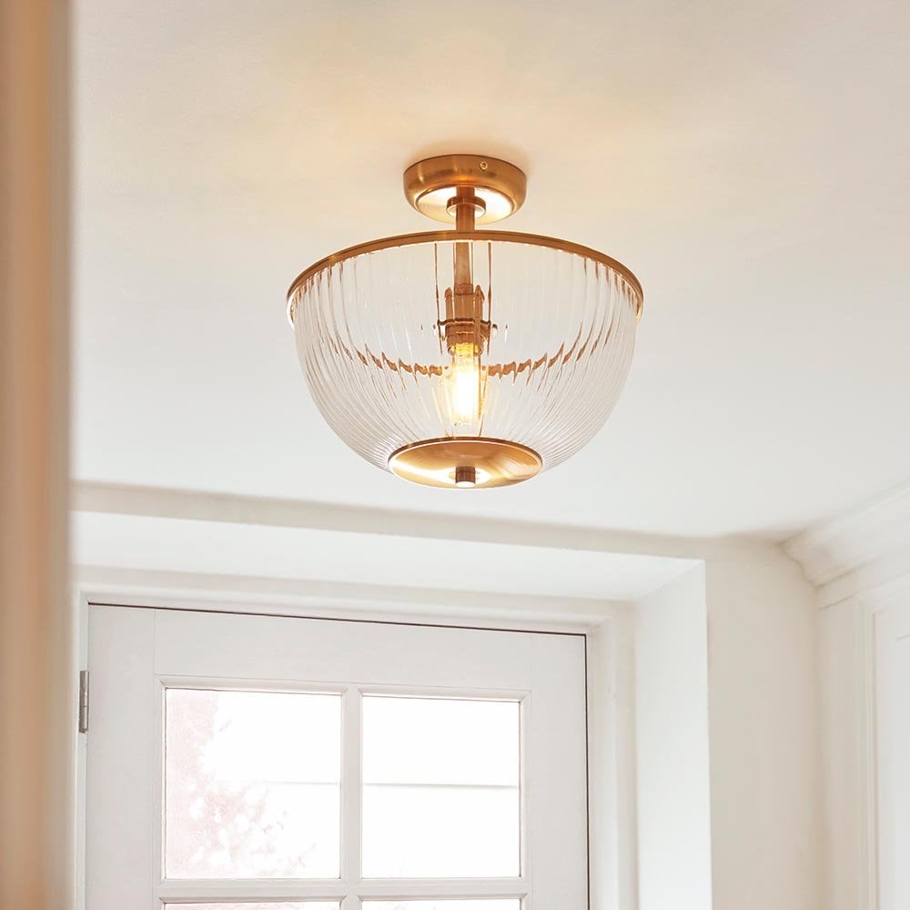 Somerset Upturned Flush Fitting in Brass with Ribbed Glass