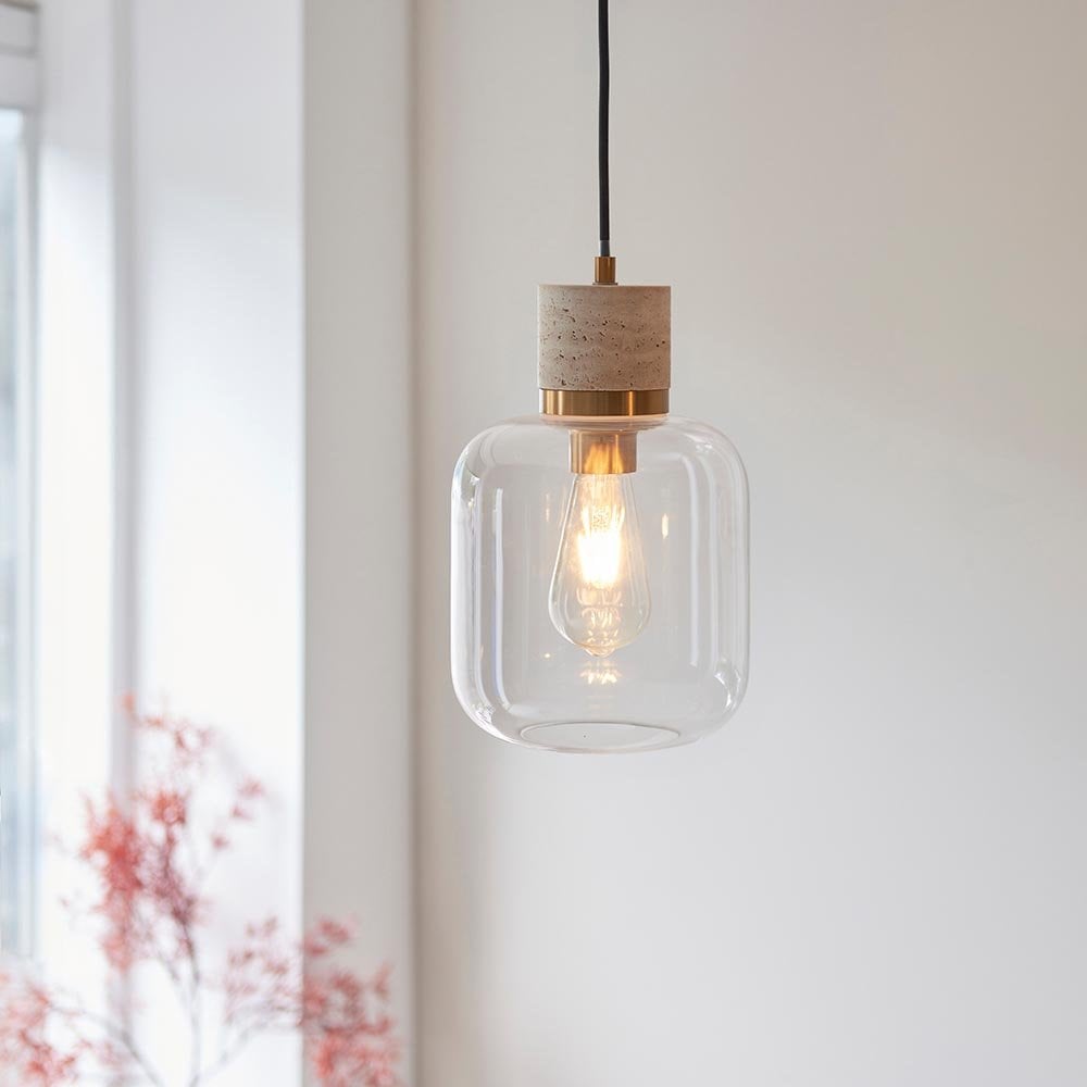 Travi Natural Travertime Stone Pendant C/W Clear Glass