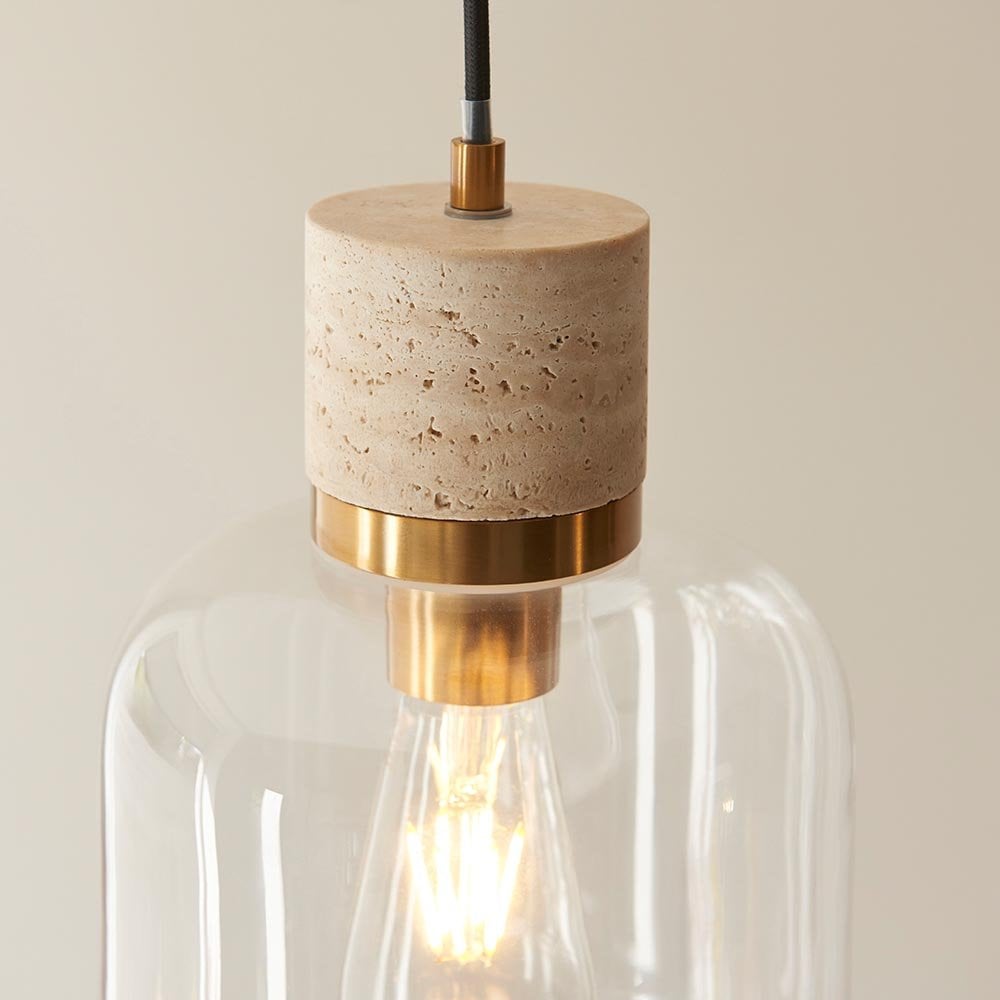 Travi Natural Travertime Stone Pendant C/W Clear Glass