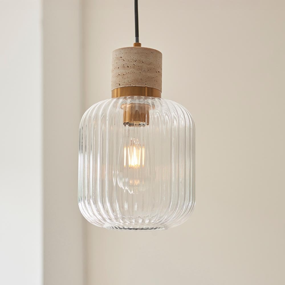 Travi Natural Travertime Stone Pendant C/W Ribbed Glass