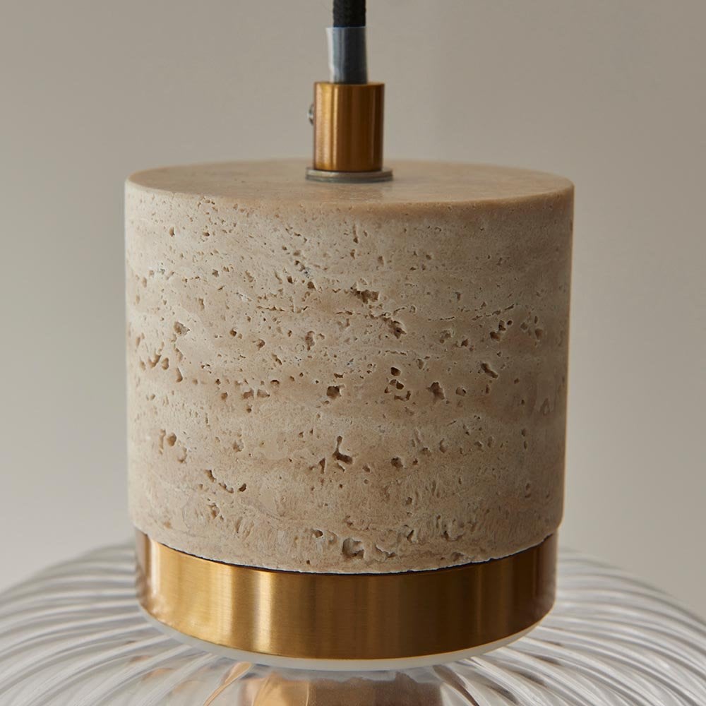 Travi Natural Travertime Stone Pendant C/W Ribbed Glass