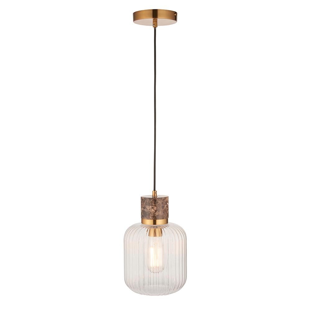 Travi Dark Brown Emperador Marble Pendant C/W Ribbed Glass