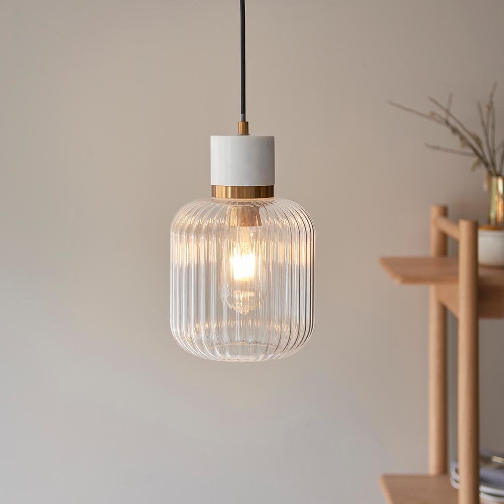 Travi White Volaskas Marble Pendant C/W Ribbed Glass