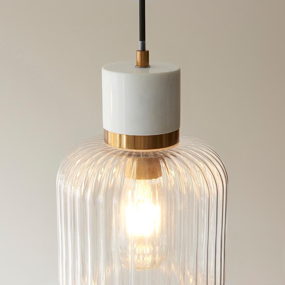 Travi White Volaskas Marble Pendant C/W Ribbed Glass