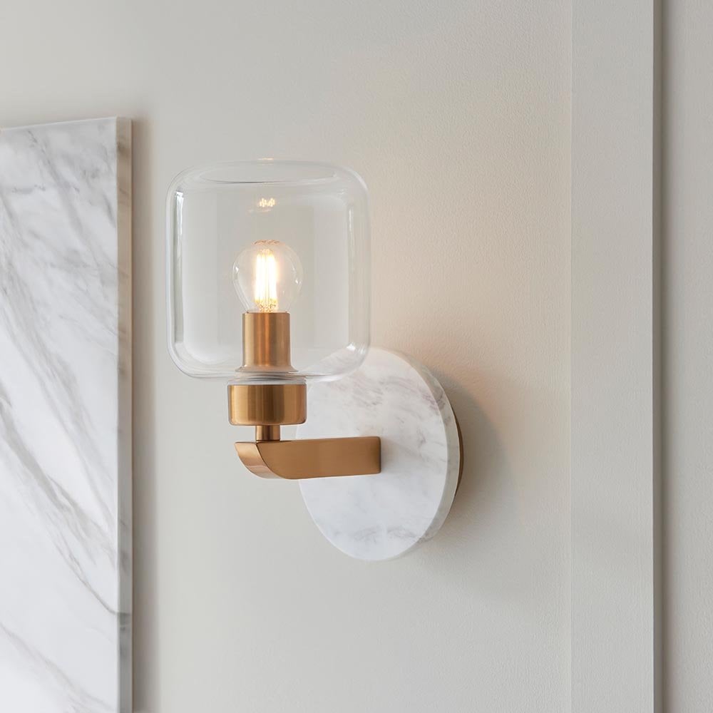 Travi White Volaskas Marble Wall Light C/W Clear Glass Shade