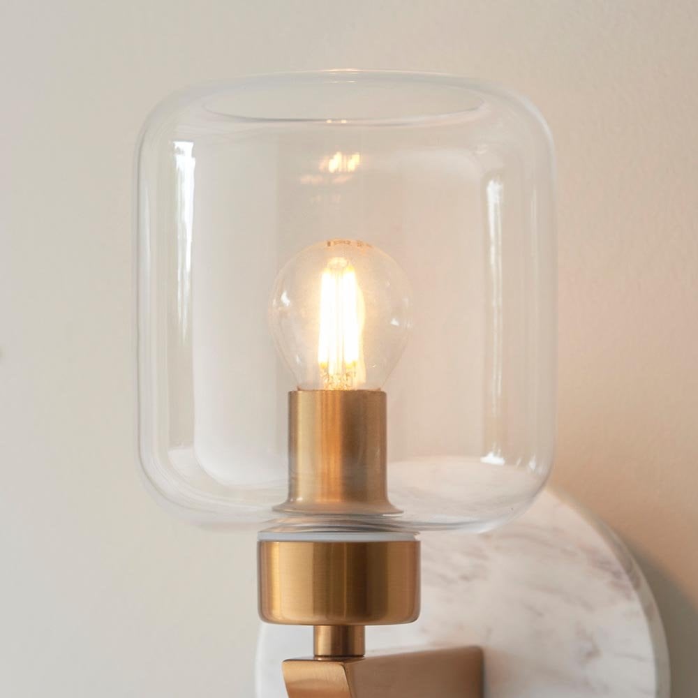 Travi White Volaskas Marble Wall Light C/W Clear Glass Shade