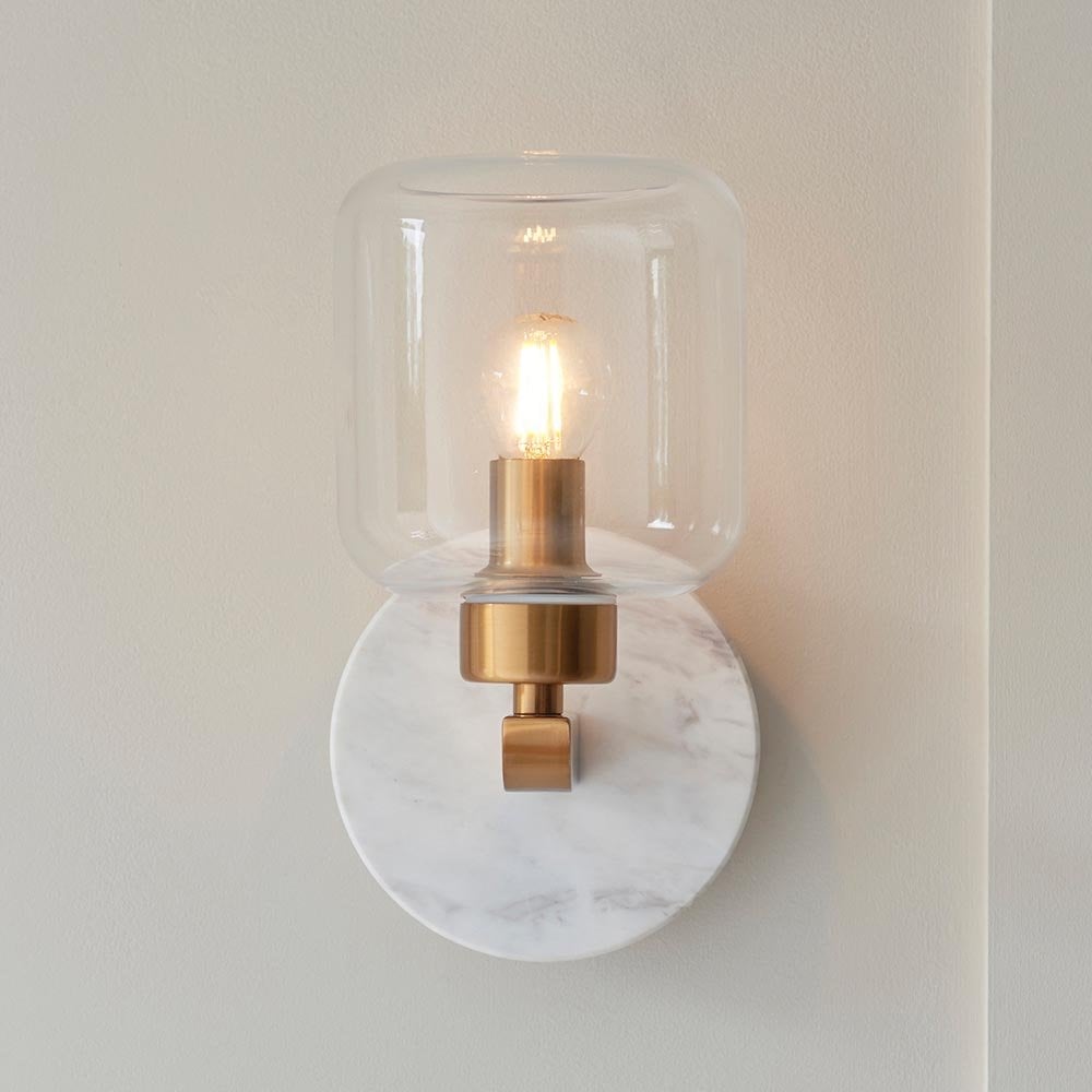 Travi White Volaskas Marble Wall Light C/W Clear Glass Shade