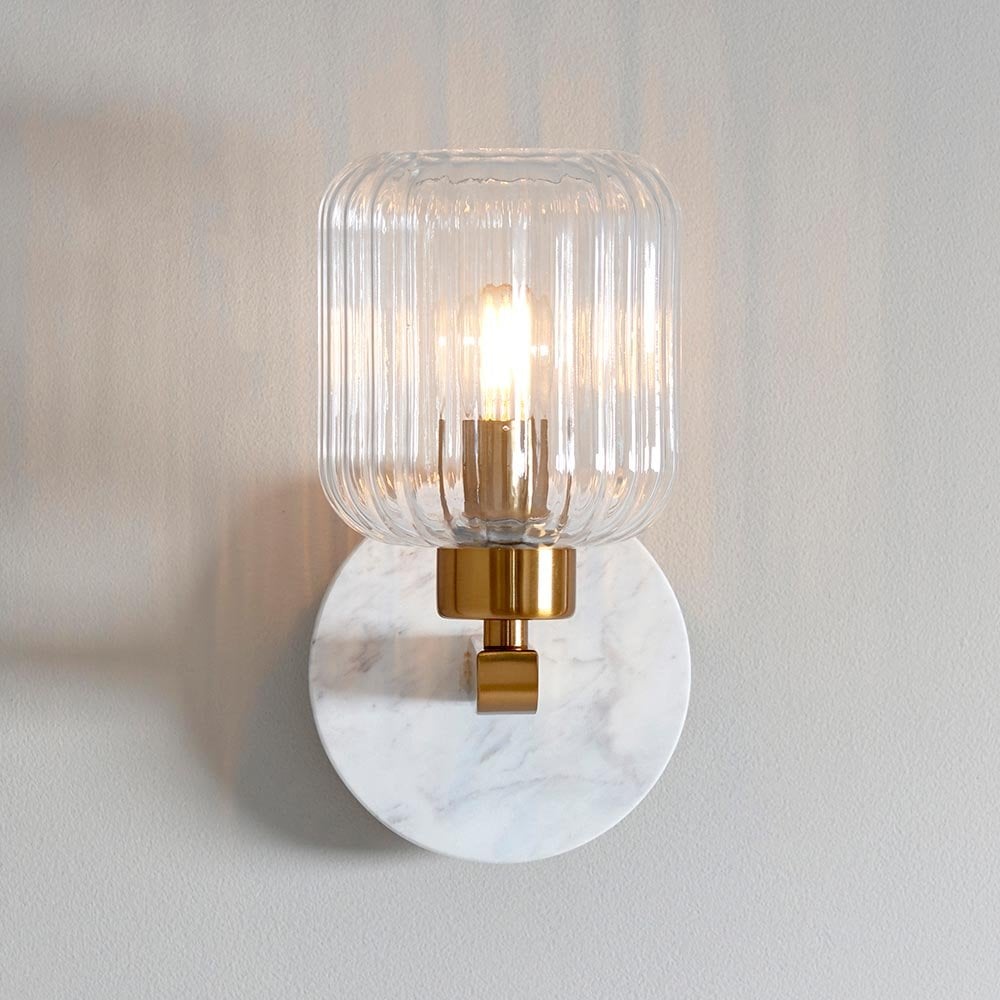 Travi White Volaskas Marble Wall Light C/W Ribbed Glass Shade