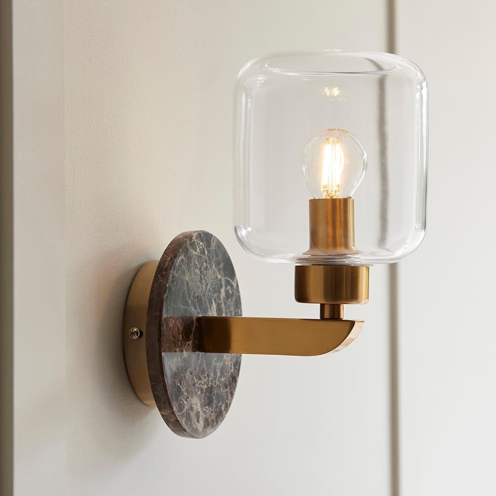 Travi Dark Brown Emperador Marble Wall Light C/W Clear Glass Shade