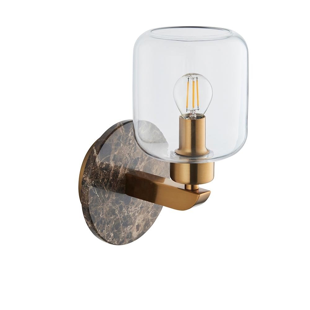 Travi Dark Brown Emperador Marble Wall Light C/W Clear Glass Shade