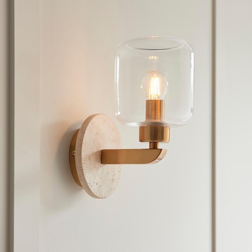 Travi Natural Travertime Stone Wall Light C/W Clear Glass Shade