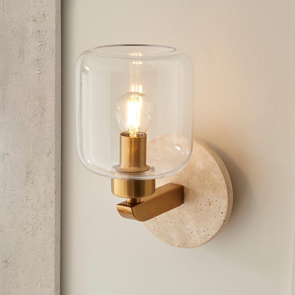 Travi Natural Travertime Stone Wall Light C/W Clear Glass Shade