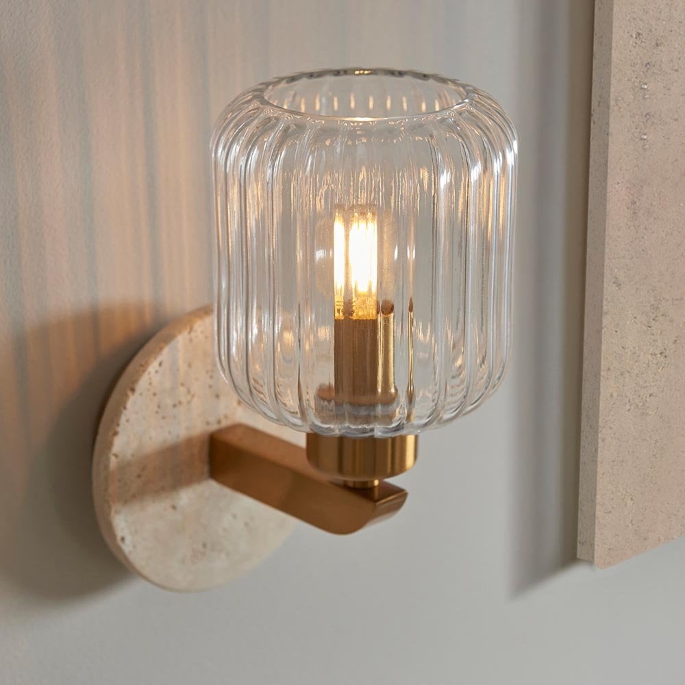 Travi Natural Travertime Stone Wall Light C/W Ribbed Glass Shade