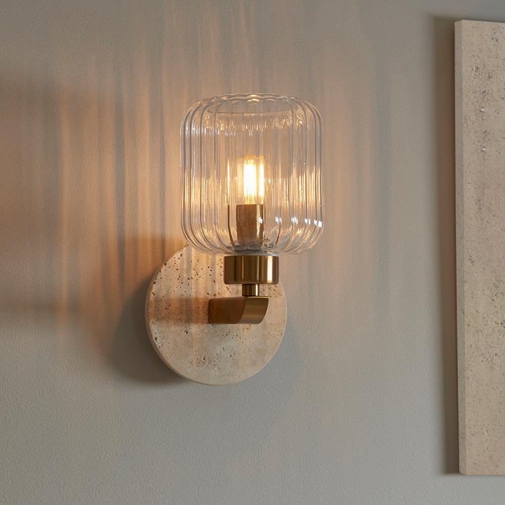 Travi Natural Travertime Stone Wall Light C/W Ribbed Glass Shade