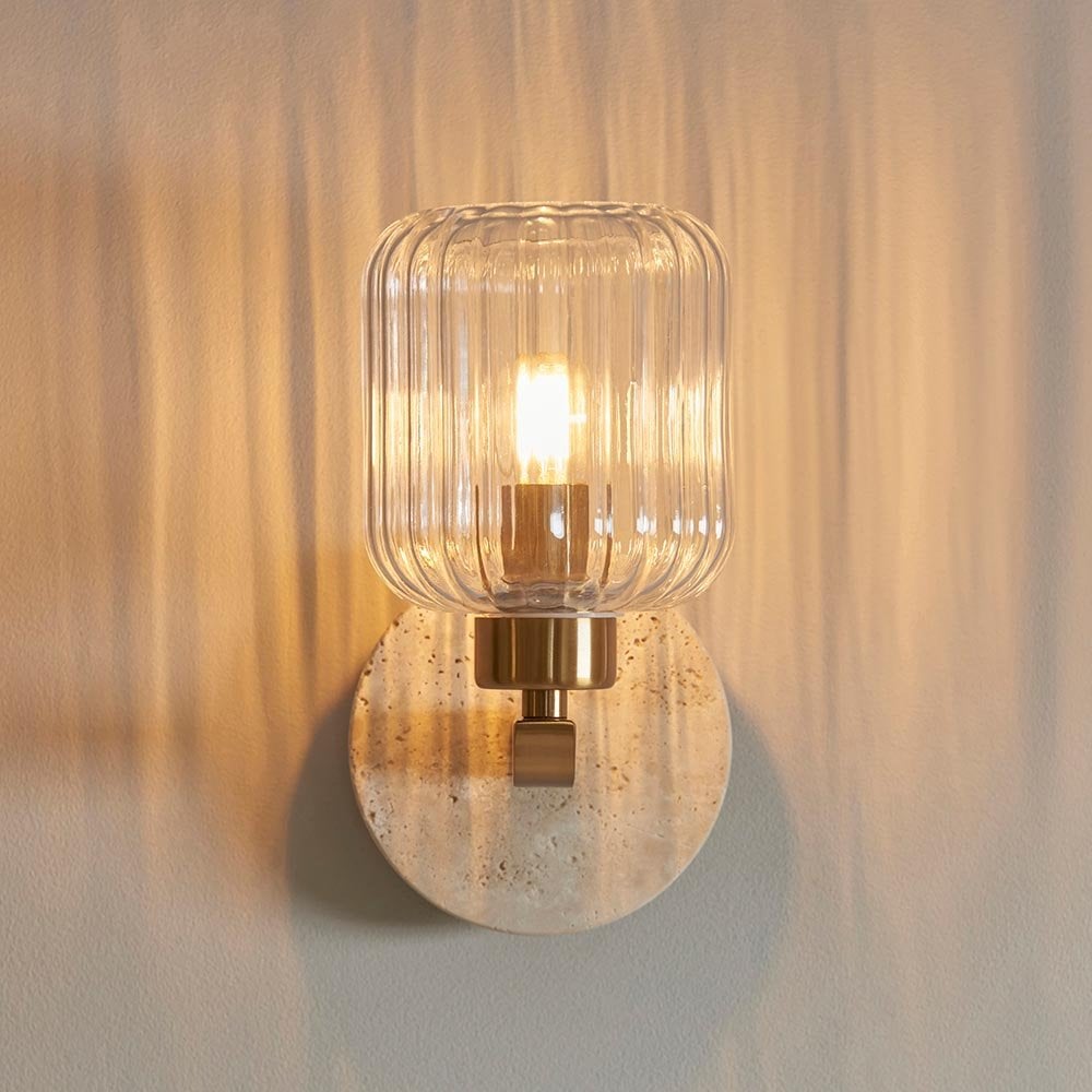 Travi Natural Travertime Stone Wall Light C/W Ribbed Glass Shade