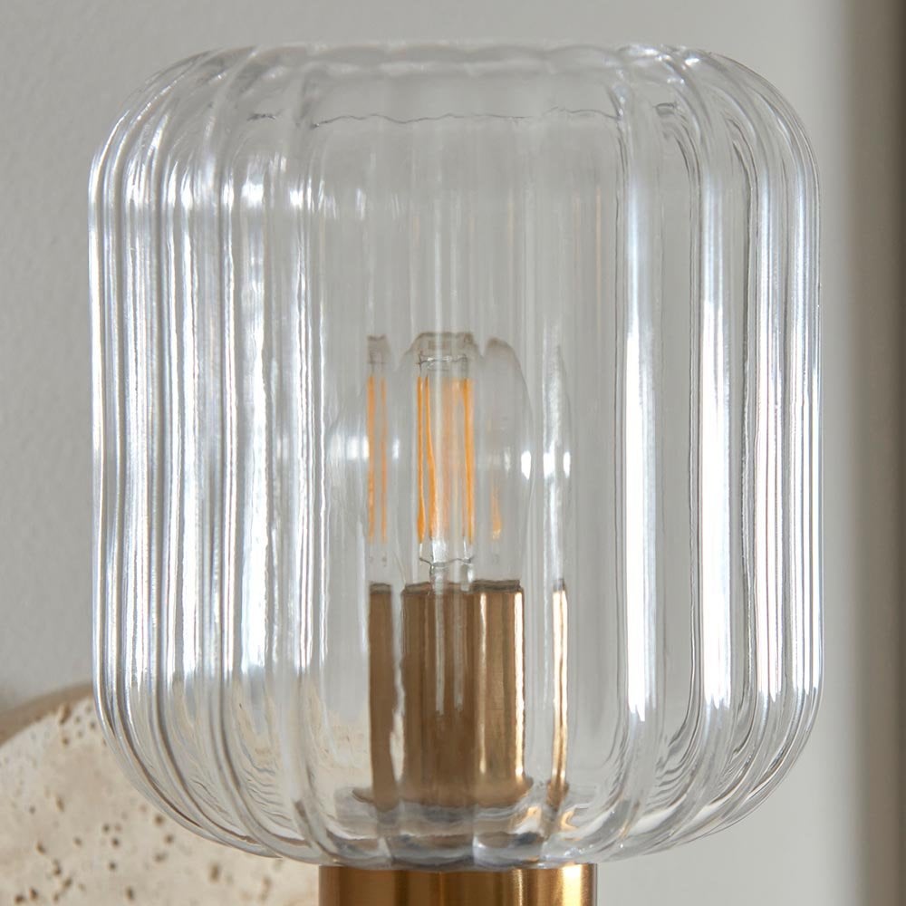 Travi Natural Travertime Stone Wall Light C/W Ribbed Glass Shade