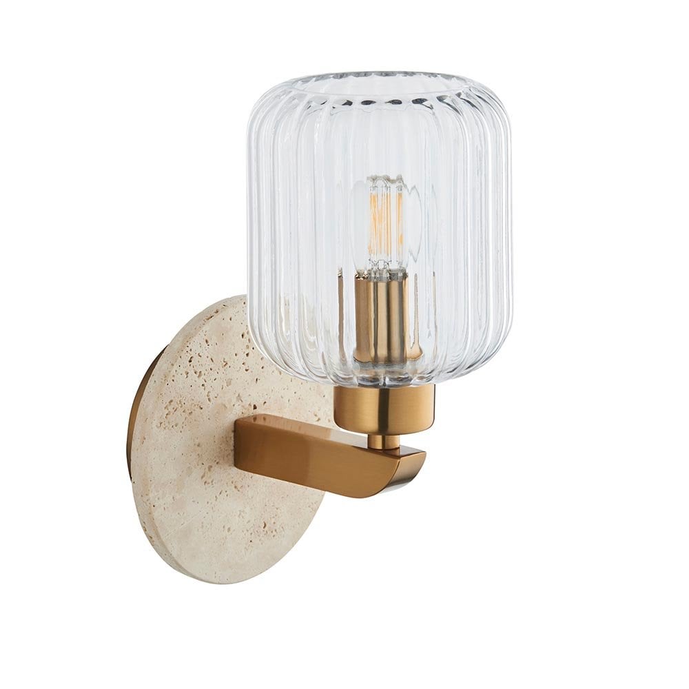 Travi Natural Travertime Stone Wall Light C/W Ribbed Glass Shade