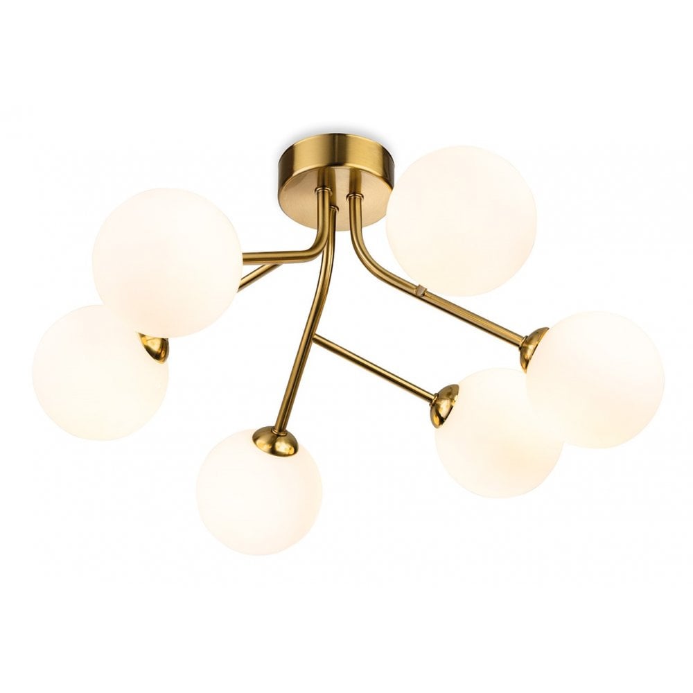Groves Brushed Brass 6 Light Semi Flush Fitting with Opal Shades