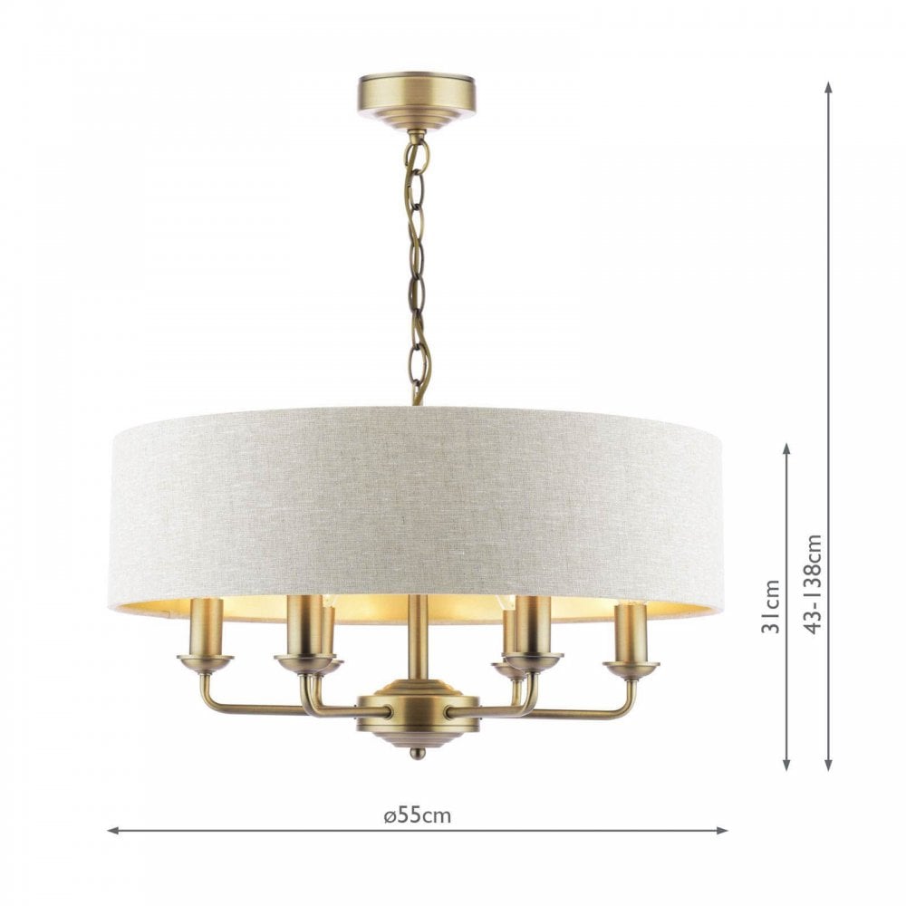Sorrento 6 Light Pendant in Antique Brass C/W Natural Shade