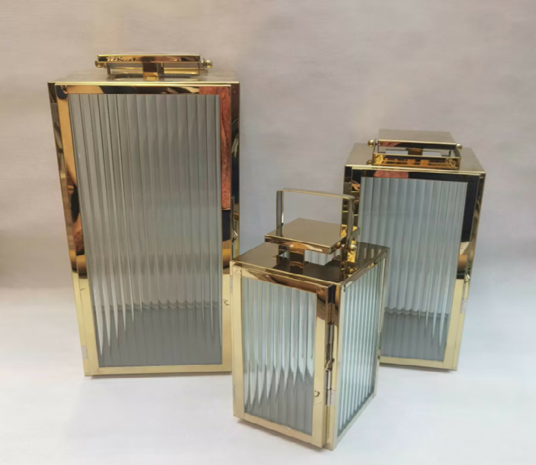 Gold Lantern Set with Ribbed Glass & Hinged Doors