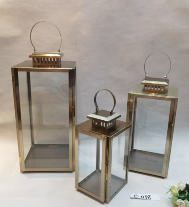 Gold Lantern Set with Clear Glass & Hinged Doors
