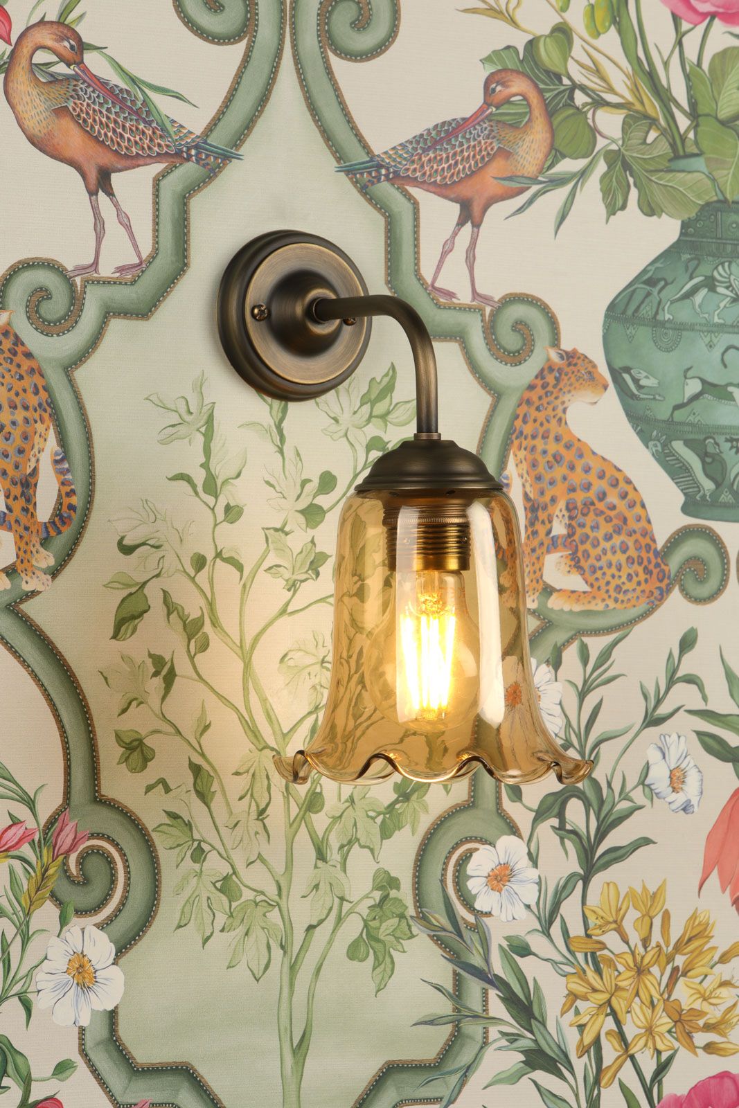 Ebba Antique Brass Wall Light with Amber Glass