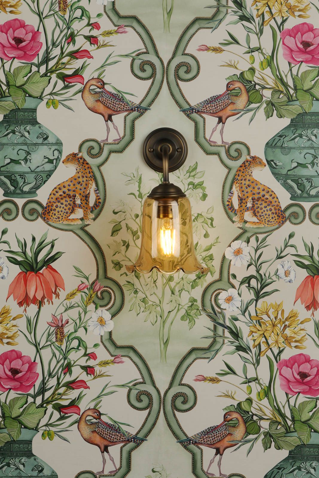 Ebba Antique Brass Wall Light with Amber Glass