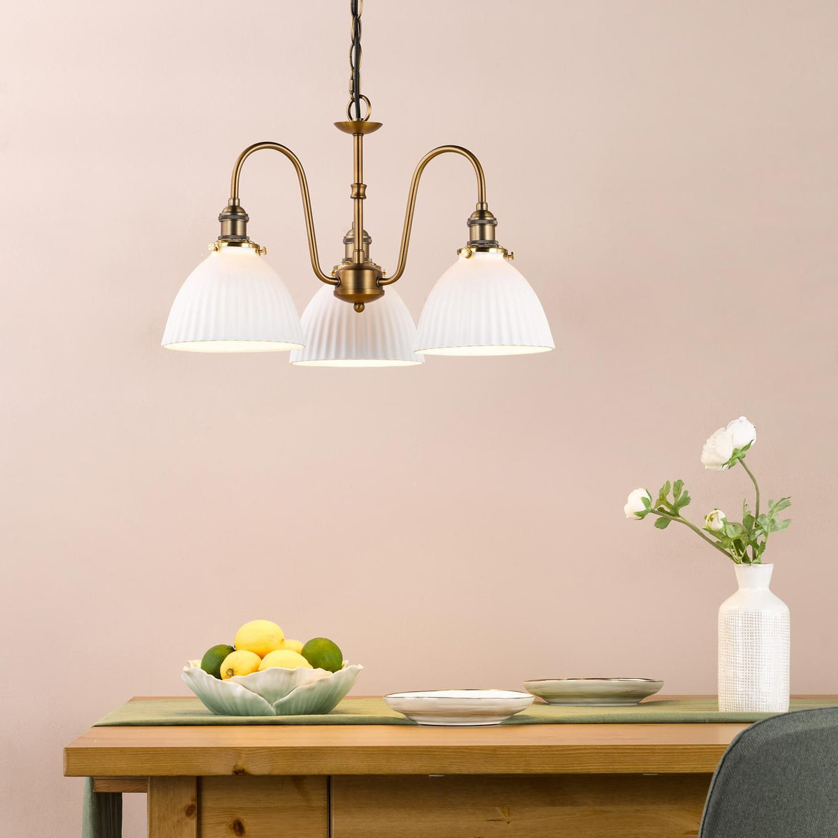 Hadano 3 Light Pendant in Antique Bronze with White Domed Shades