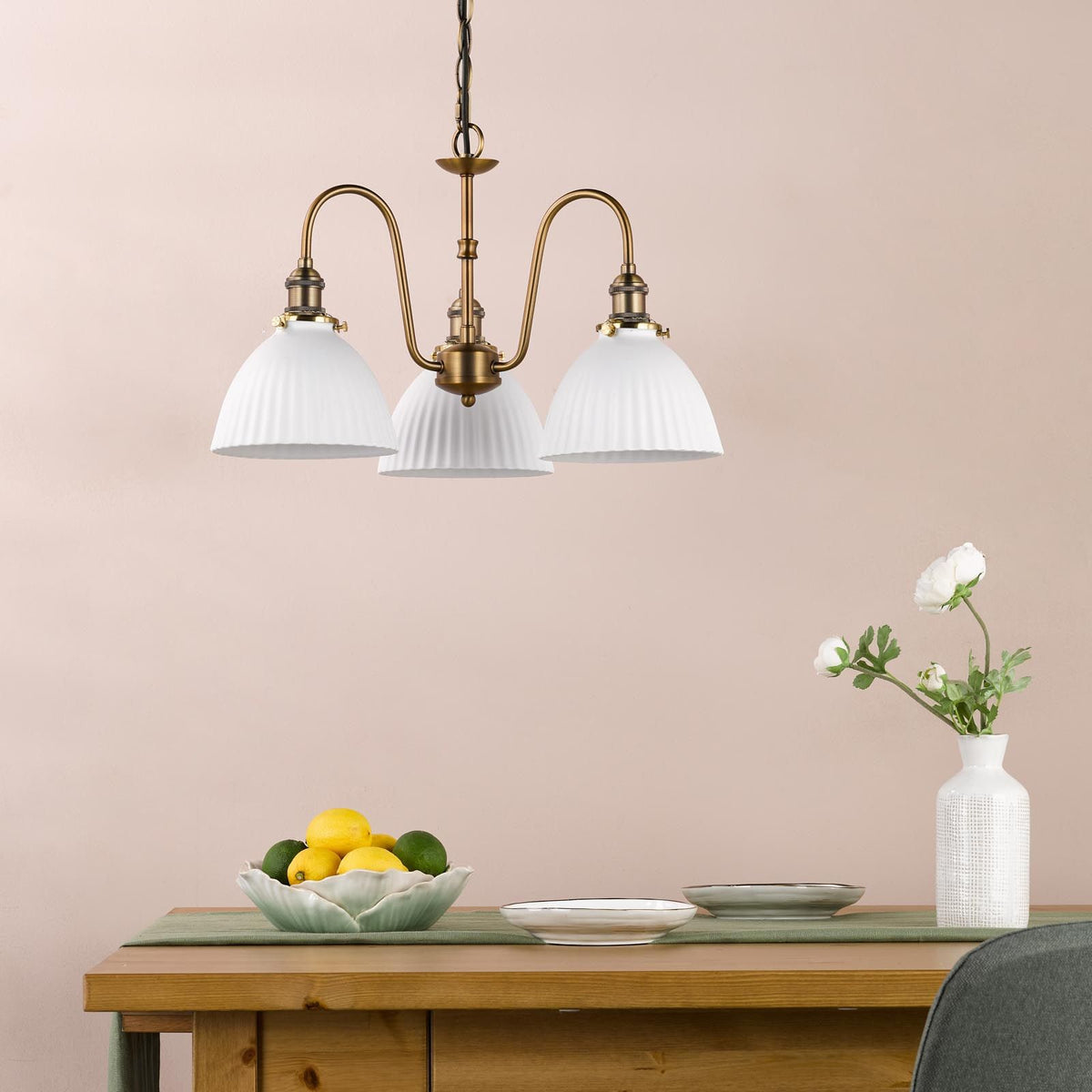 Hadano 3 Light Pendant in Antique Bronze with White Domed Shades
