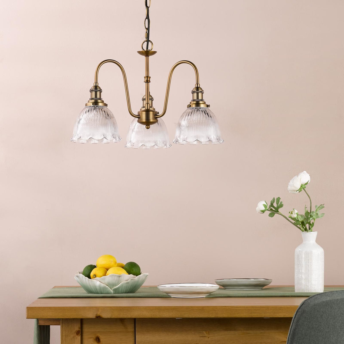 Hadano 3 Light Pendant in Antique Bronze with Domed Ribbed Shades