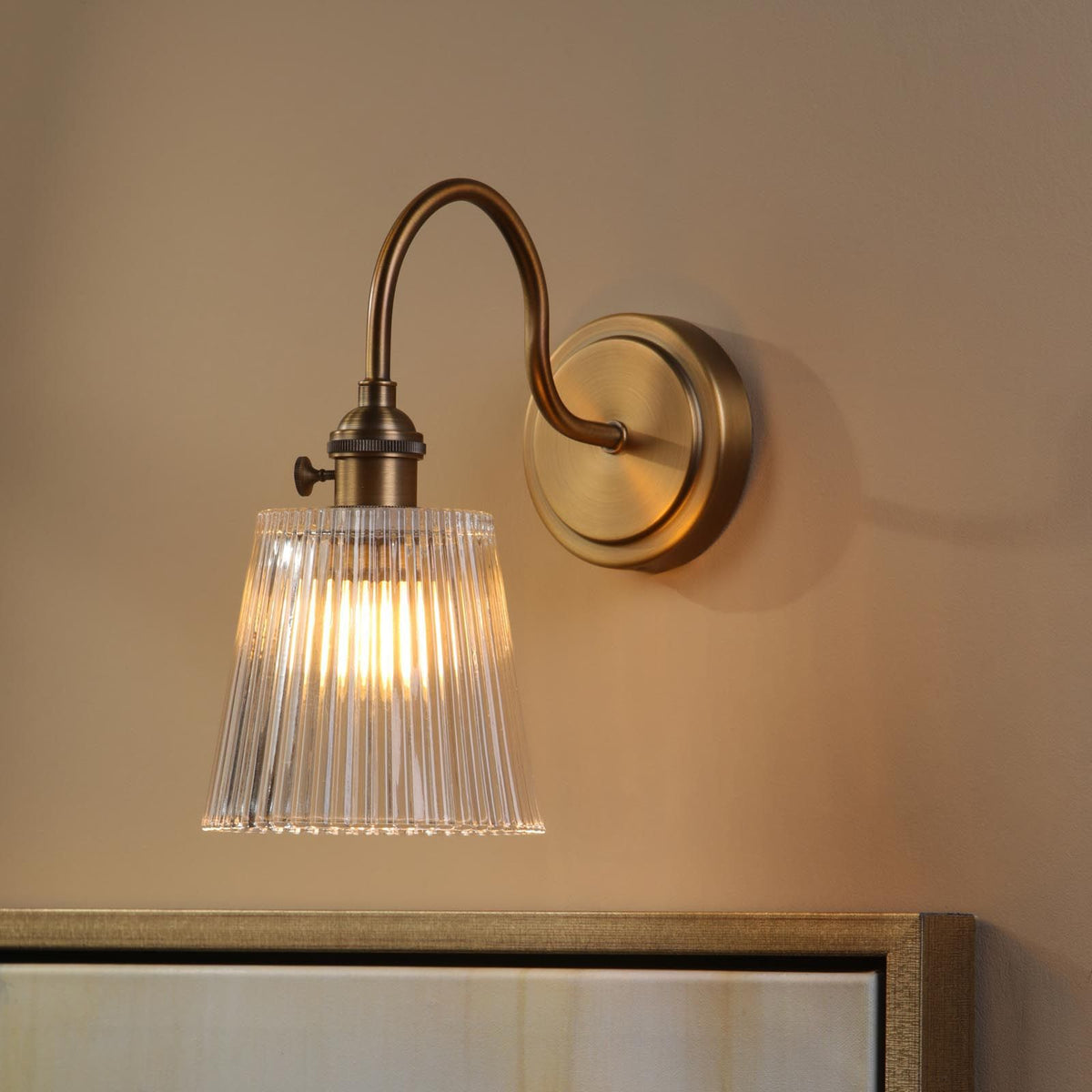 Hadano Antique Bronze Small Wall Light with Clear Ribbed Glass Shade