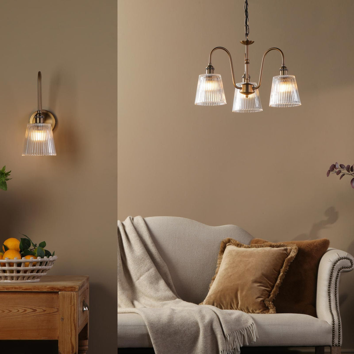 Hadano Antique Bronze Tall Wall Light with Clear Ribbed Glass Shade