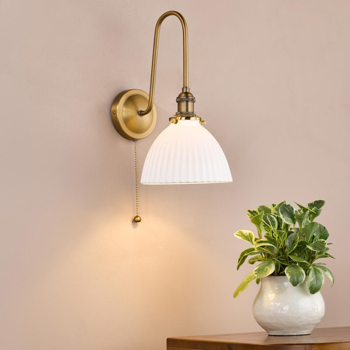 Hadano Antique Bronze Tall Wall Light with White Domed Shade