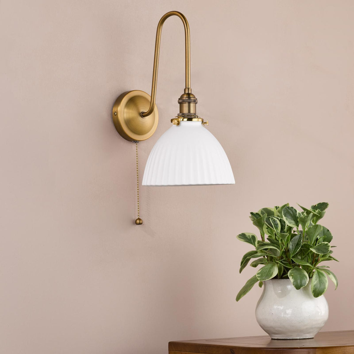 Hadano Antique Bronze Tall Wall Light with White Domed Shade