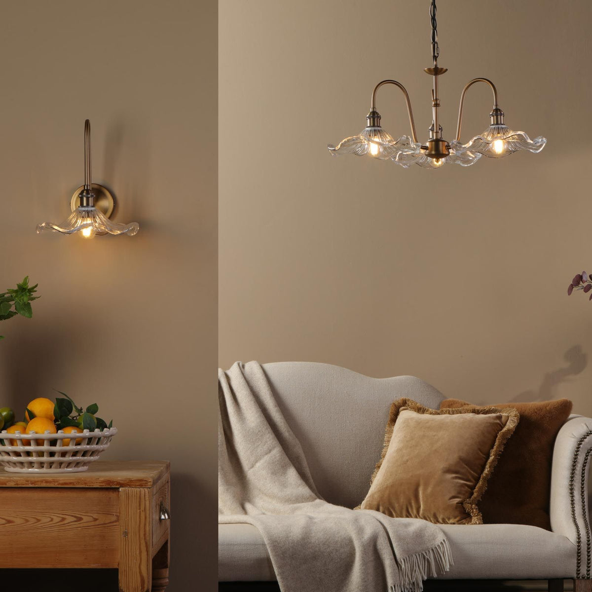 Hadano Antique Bronze Tall Wall Light with Scalloped Bell Shade