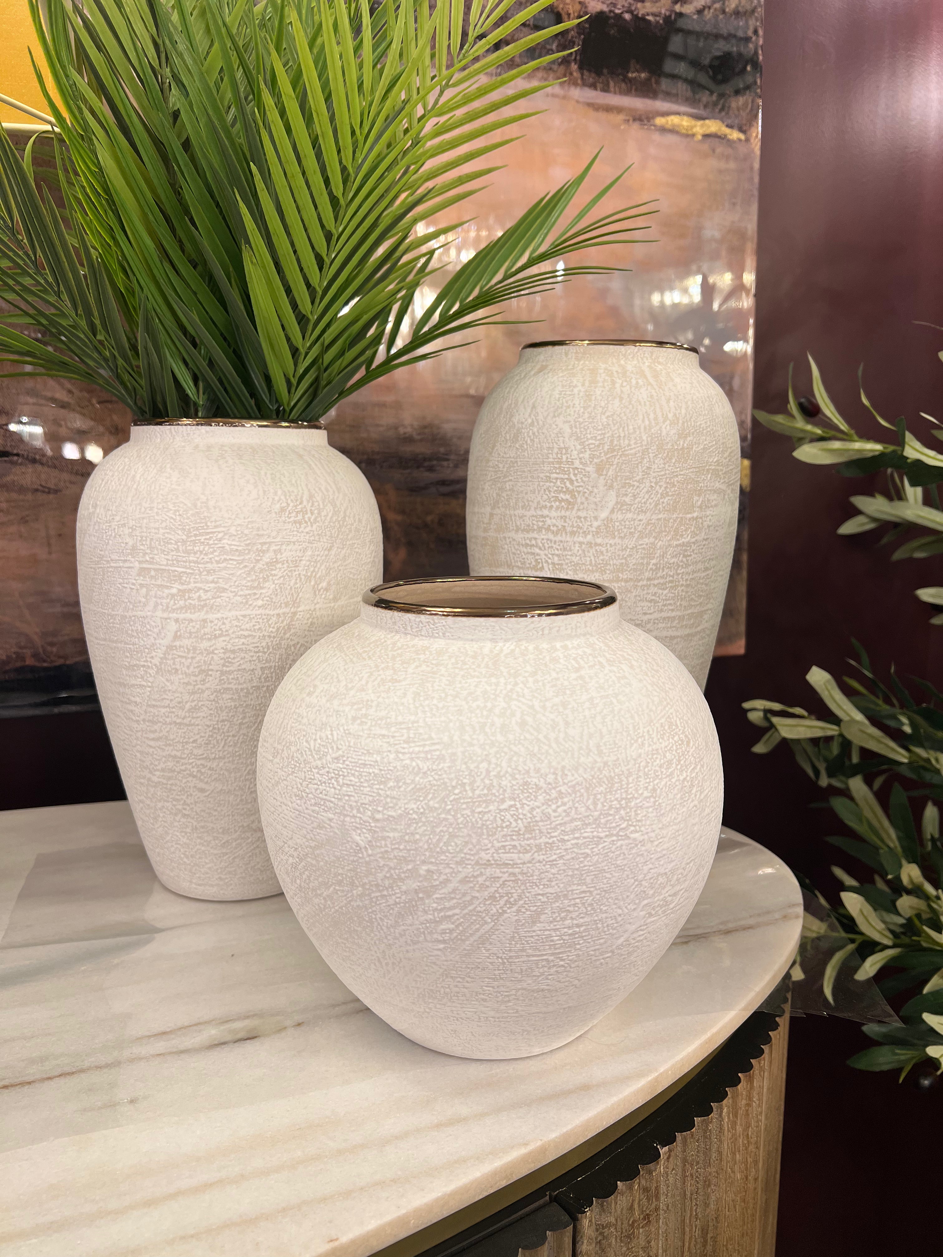 Medium White Ceramic Vase with Gold Detailing