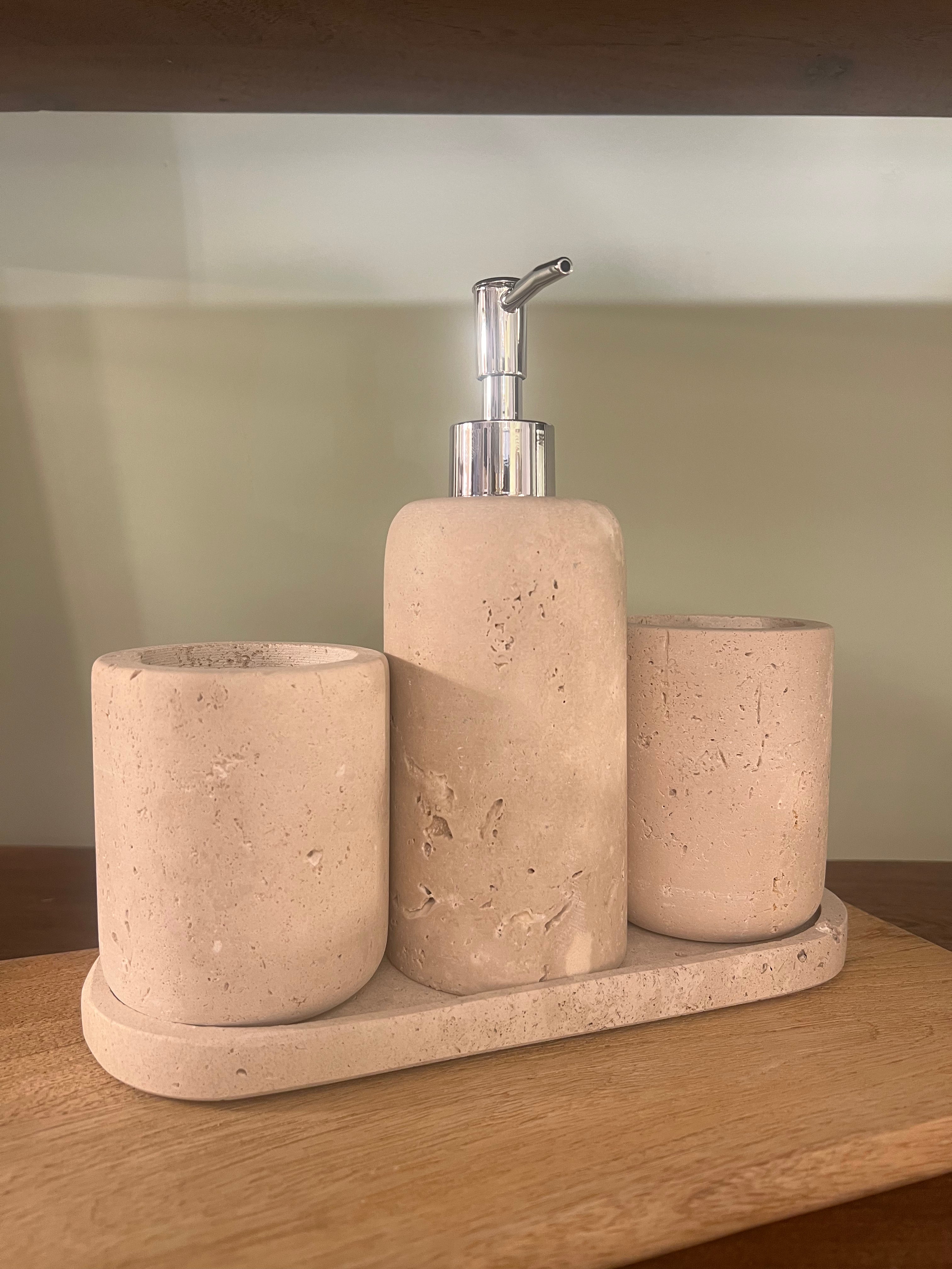 Beige Stone Soap Dispenser with 2 Holders C/W Tray