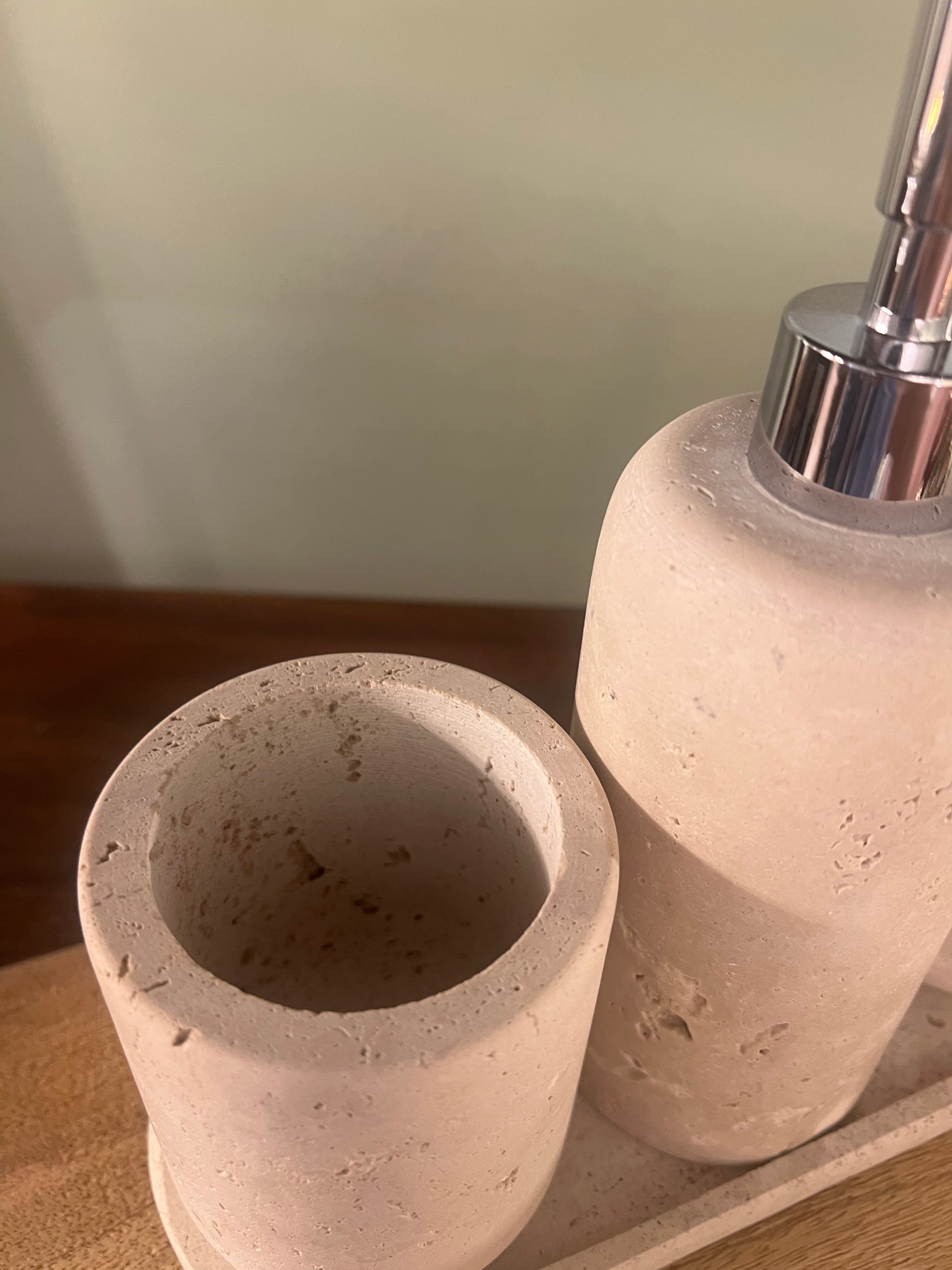 Beige Stone Soap Dispenser with 2 Holders C/W Tray