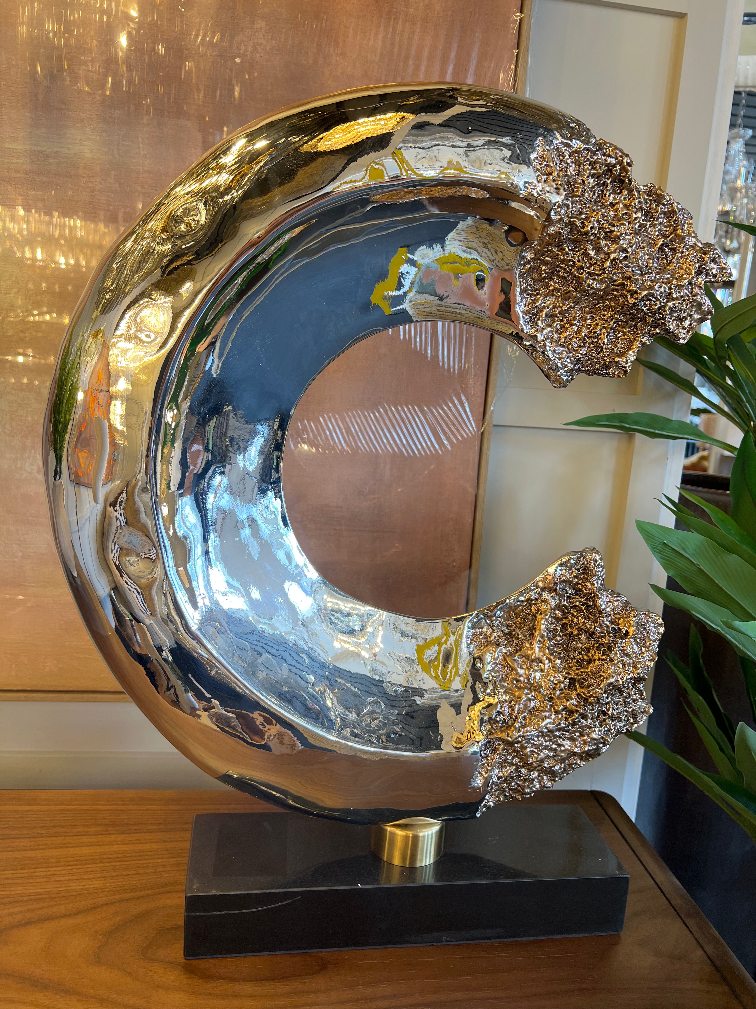 Large Gold Leopard Crescent Sculpture on Black Base