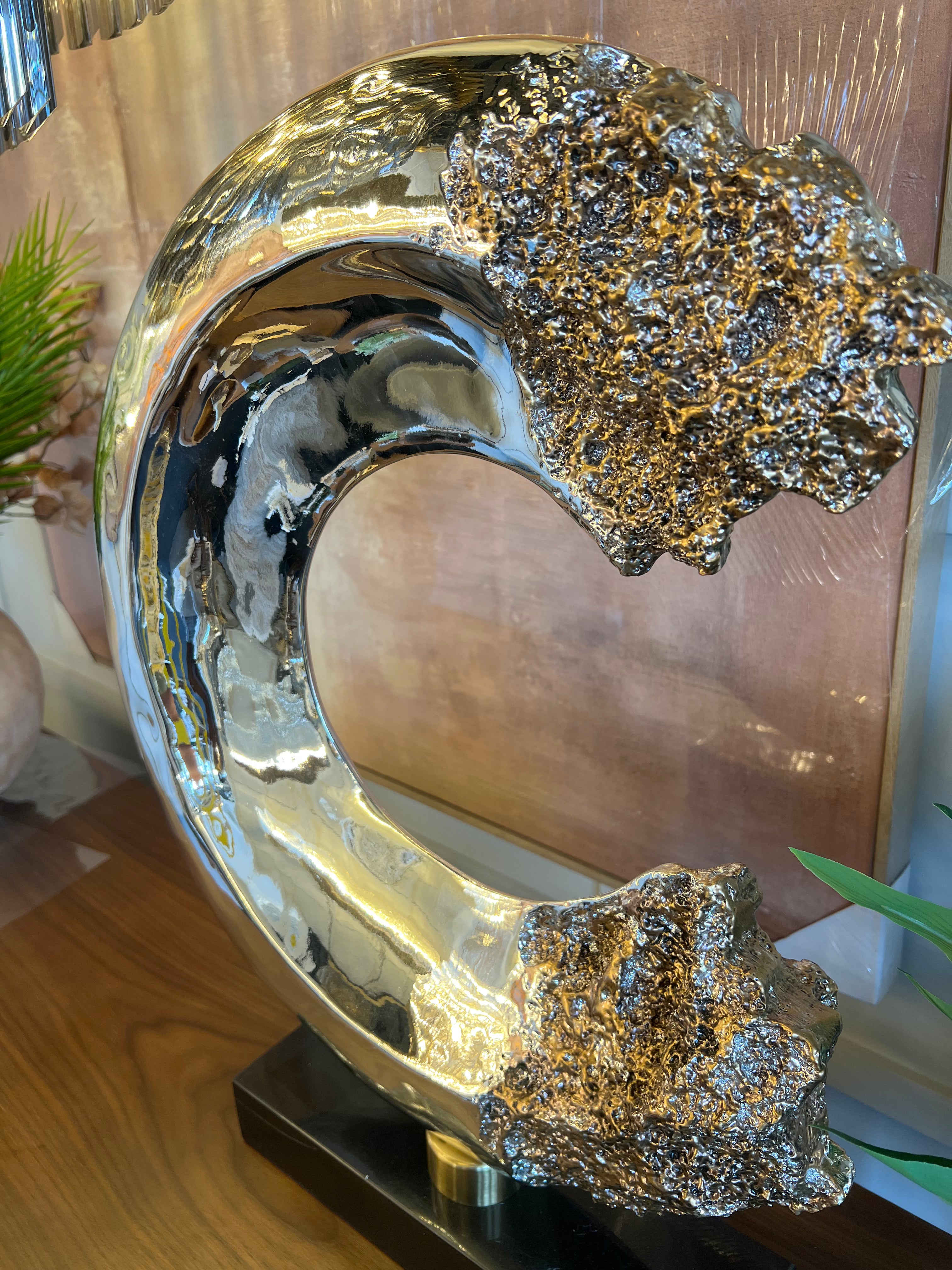 Large Gold Leopard Crescent Sculpture on Black Base
