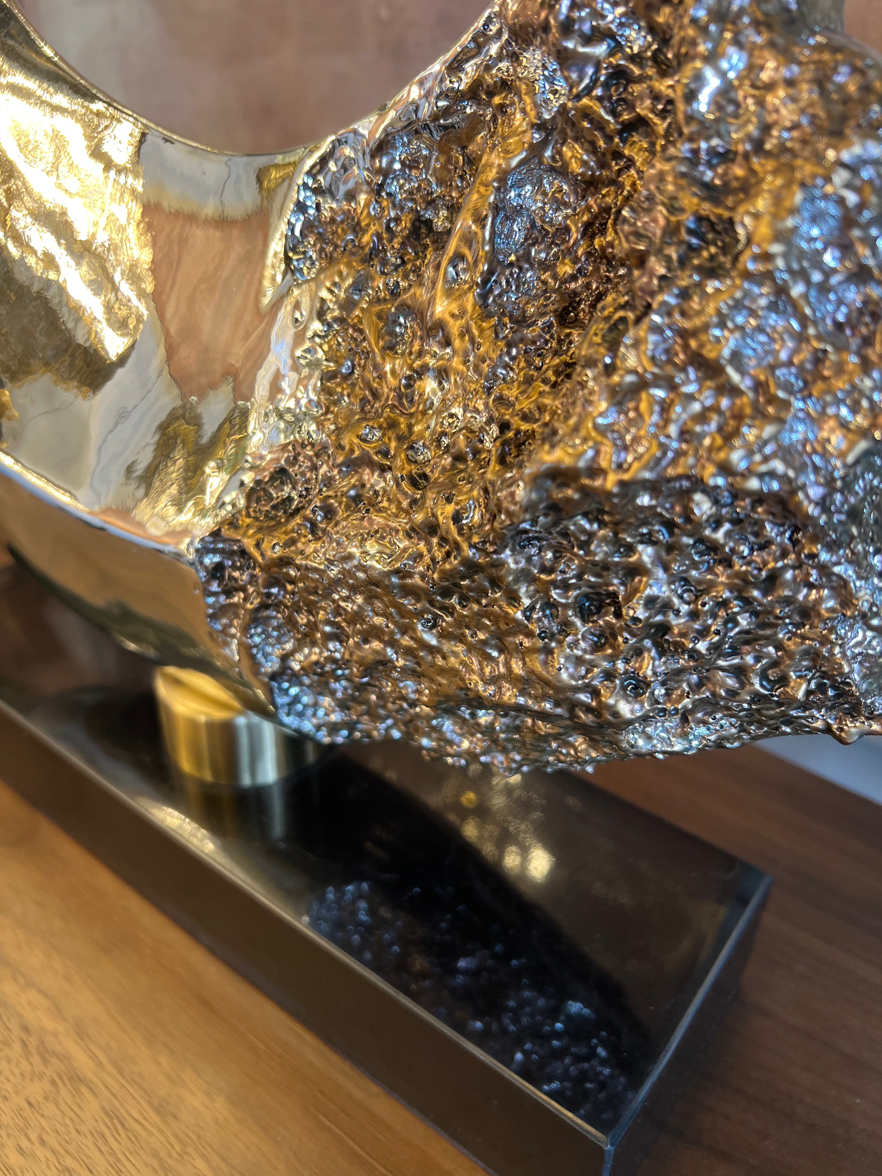 Large Gold Leopard Crescent Sculpture on Black Base