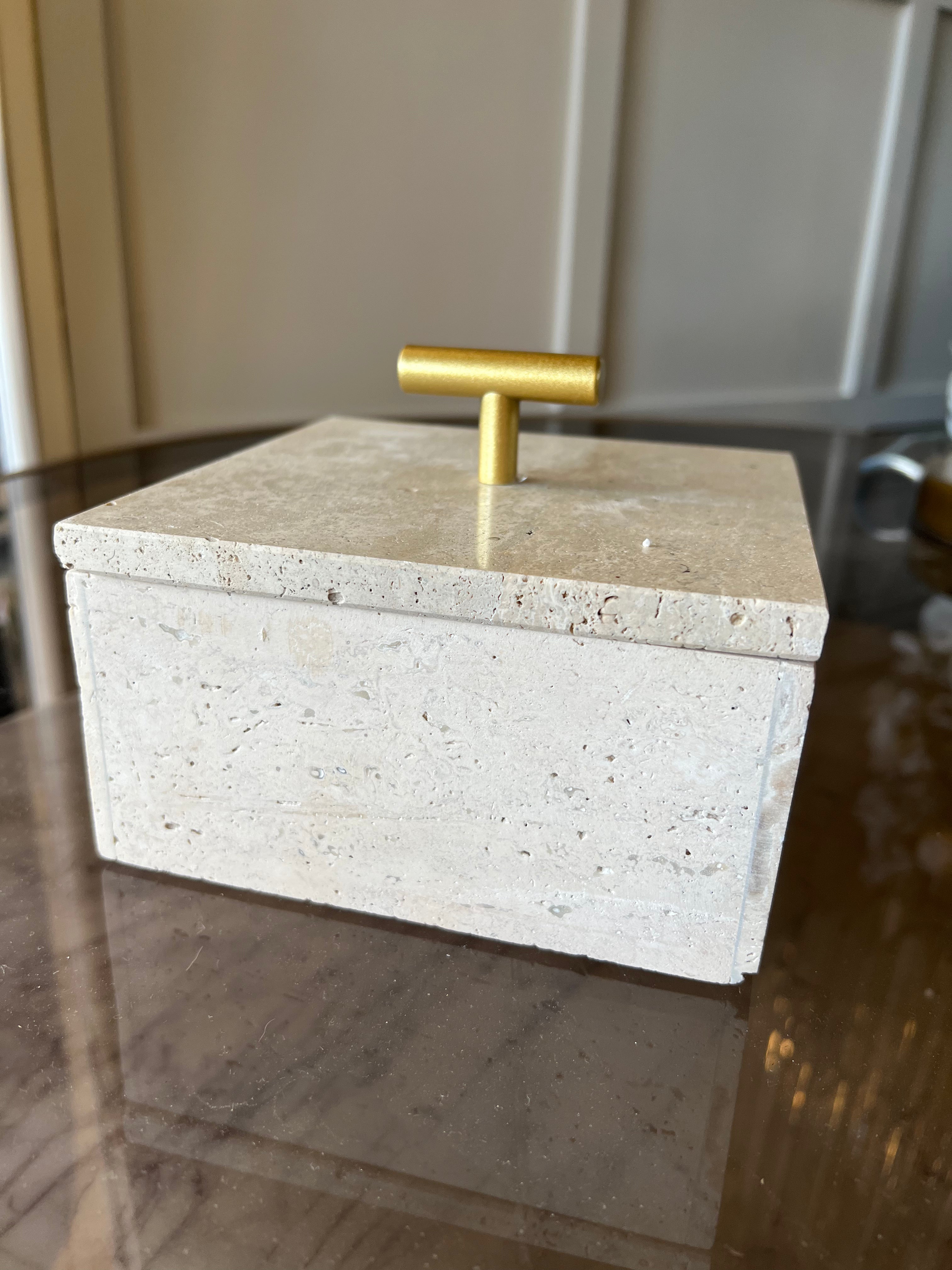 Beige Stone Ornament Box with Brass Lid